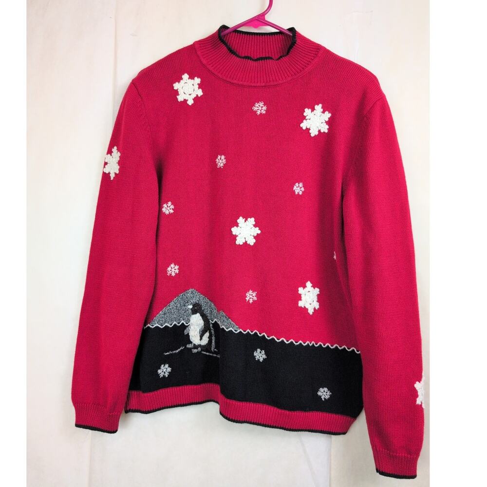 Vintage Alfred Dunner red embroidered snowflake penguin sweater Size L Holiday